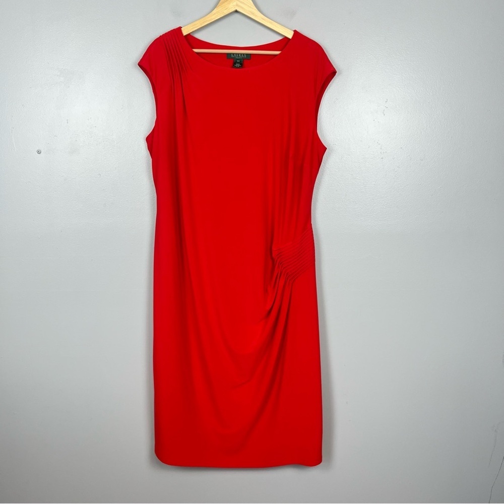 Lauren Ralph Lauren red cap sleeve ruched pleat detail sheath dress, 16W.